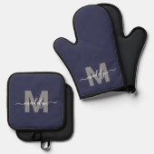 Marine Blauwe Naam Monogram Keuken Ovenwant & Pannenlap Set (Voorkant / Achterkant)