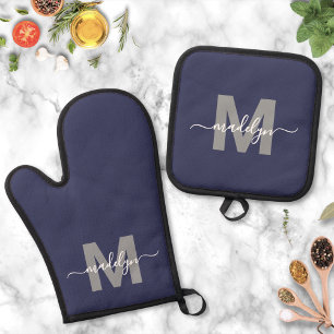 Marine Blauwe Naam Monogram Keuken Ovenwant & Pannenlap Set