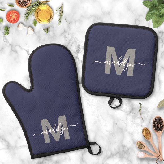 Marine Blauwe Naam Monogram Keuken Ovenwant & Pannenlap Set