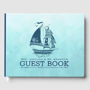 Marine-blauwe nautische zeilboot 2 gast boek