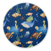 Marine blauwe oceaan dieren walvissen schildpadden keramische knop (Voorkant)