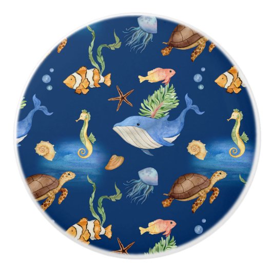 Marine blauwe oceaan dieren walvissen schildpadden keramische knop (Voorkant)