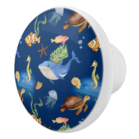 Marine blauwe oceaan dieren walvissen schildpadden keramische knop (Rechts)