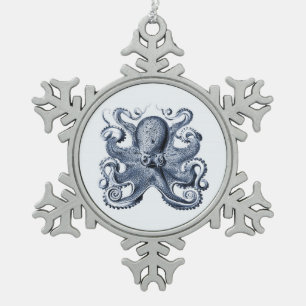 Marine blauwe octopus illustratie door Ernst Haeck Tin Sneeuwvlok Ornament