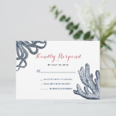 Marine Blauwe Octopus Koraal Nautisch Strand Weddi RSVP Kaartje (Staand voorkant)