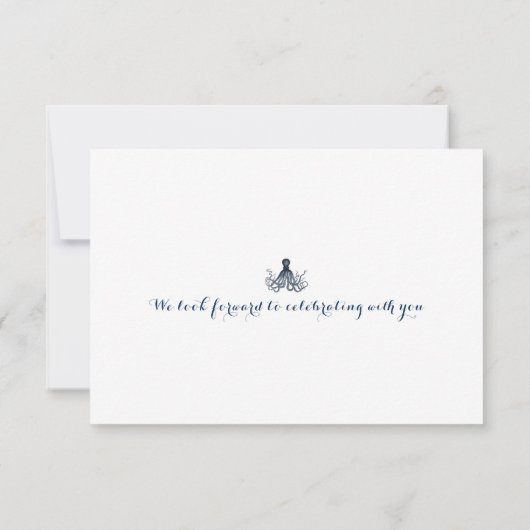 Marine Blauwe Octopus Koraal Nautisch Strand Weddi RSVP Kaartje (Achterkant)