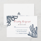 Marine Blauwe Octopus Koraal Nautisch Strand Weddi RSVP Kaartje (Voorkant / Achterkant)