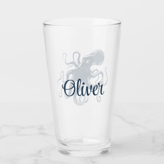 Marine blauwe octopus nautische illustratie glas (Achterkant)