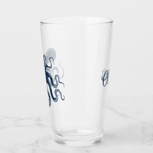 Marine blauwe octopus nautische illustratie glas (Links)