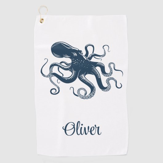 Marine blauwe octopus nautische illustratie golfhanddoek (Voorkant)