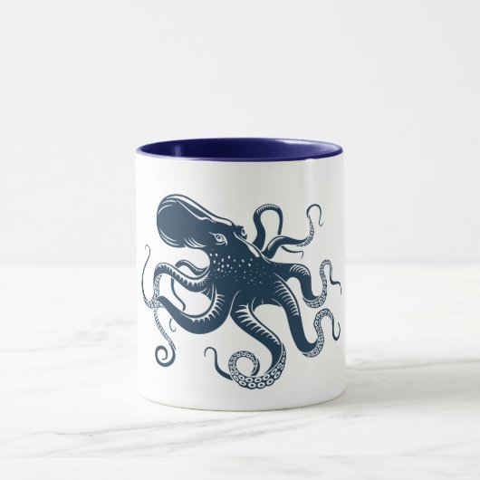 Marine blauwe octopus nautische illustratie mok (Midden)
