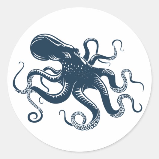 Marine blauwe octopus nautische illustratie ronde sticker (Voorkant)