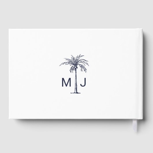 Marine Blauwe Palm Monogram Tropische Strand Weddi Gastenboek (Achterkant)