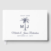 Marine Blauwe Palm Monogram Tropische Strand Weddi Gastenboek (Voorkant)