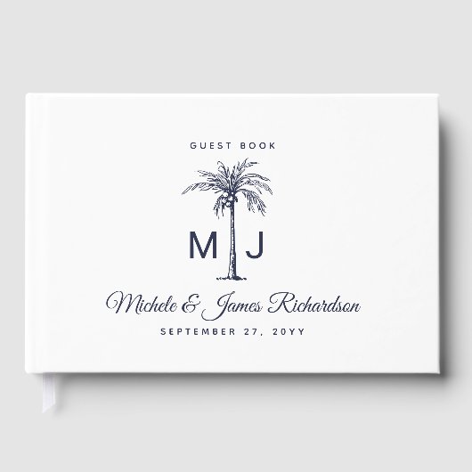 Marine Blauwe Palm Monogram Tropische Strand Weddi Gastenboek (Voorkant)
