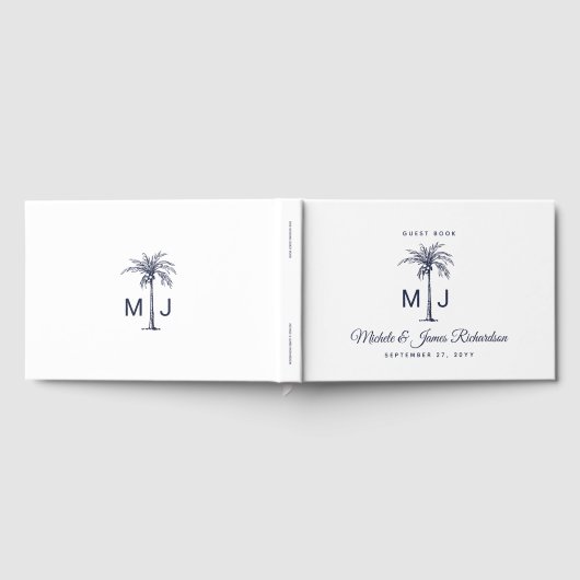 Marine Blauwe Palm Monogram Tropische Strand Weddi Gastenboek (Volledig)