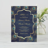 Marine Blauwe Peacock Veren Moslim Bruiloft Kaart (Staand voorkant)