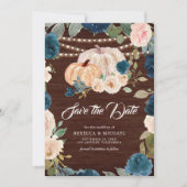 Marine Blauwe Perzik Bloemen Pompoen Hout Wedding Save The Date (Voorkant)