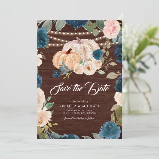Marine Blauwe Perzik Bloemen Pompoen Hout Wedding Save The Date (Staand voorkant)