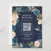 Marine Blauwe Perzik Bloemen QR Code Moslim Bruilo Kaart (Achterkant)