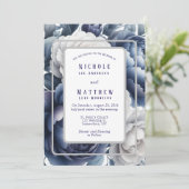 Marine blauwe pioenen en witte rozen bruiloft kaart (Staand voorkant)