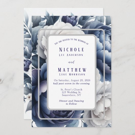 Marine blauwe pioenen en witte rozen bruiloft kaart (Voorkant / Achterkant)