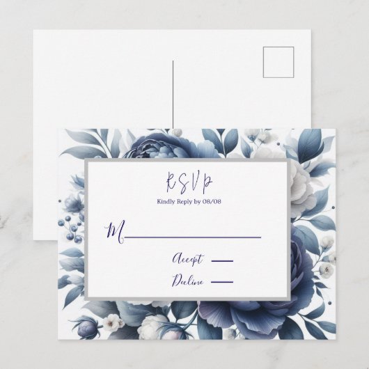 Marine Blauwe pioenen & witte rozen bruiloft RSVP Uitnodiging Briefkaart (Voorkant / Achterkant)