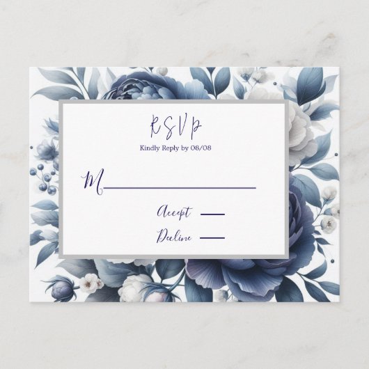 Marine Blauwe pioenen & witte rozen bruiloft RSVP Uitnodiging Briefkaart (Voorkant)