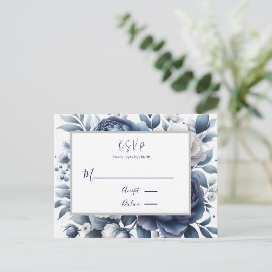 Marine Blauwe pioenen & witte rozen bruiloft RSVP Uitnodiging Briefkaart (Staand voorkant)