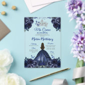 Marine Blauwe Prinses Bloemen Zilveren Kroon Mis Q Acryl Uitnodigingen (Insitu (Huwelijk))