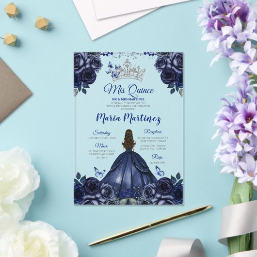 Marine Blauwe Prinses Bloemen Zilveren Kroon Mis Q Acryl Uitnodigingen (Insitu (Huwelijk))