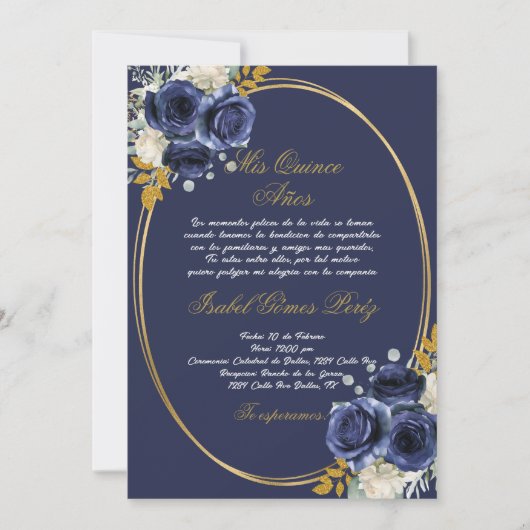 Marine blauwe Quinceanera uitnodiging in het Spaan (Voorkant)