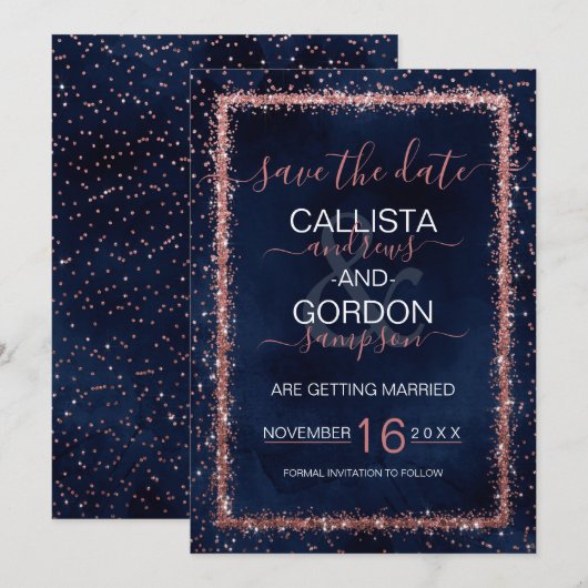 Marine Blauwe Roze Gouden Geconfettieerde Trouwfee Save The Date (Voorkant / Achterkant)