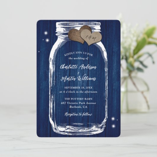 Marine Blauwe Schuur Hout Mason Jar bruiloft uitno Kaart (Staand voorkant)