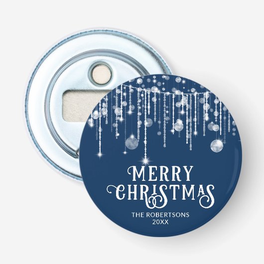 Marine Blauwe Slingerlichten Kerstfeest Button Flesopener (Voorkant)