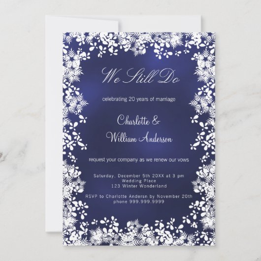 Marine blauwe sneeuwvlokken bruiloft gelofte verni kaart (Voorkant)