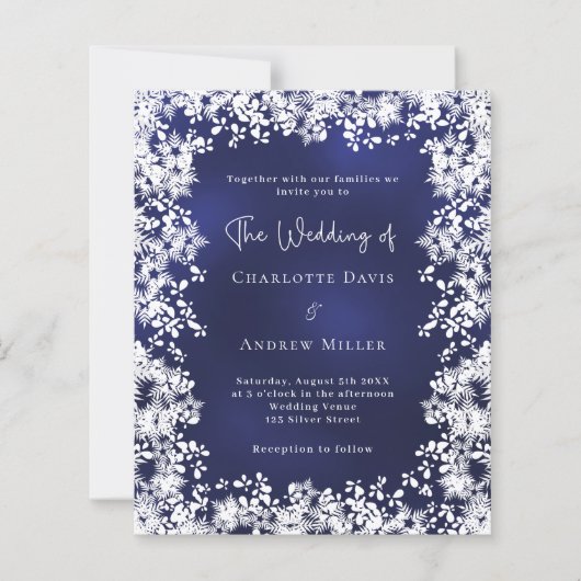 Marine blauwe sneeuwvlokken winter bruiloft uitnod (Voorkant)