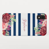 Marine Blauwe Strepen Bloemen Monogram Case-Mate iPhone Case (Achterkant (horizontaal))