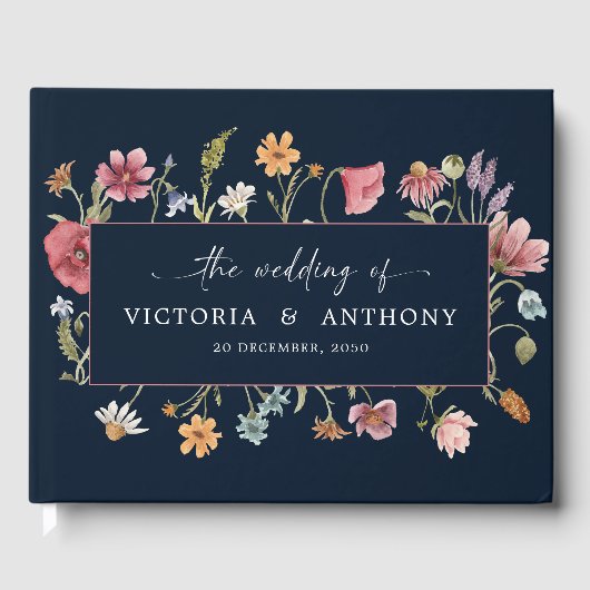 Marine Blauwe Wildbloemen Bruiloft Gastenboek (Voorkant)
