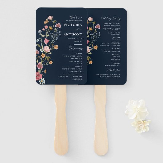 Marine Blauwe Wildbloemen Huwelijksprogramma Hand  Handwaaier (Voorkant en achterkant)