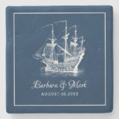 Marine-blauwe & witte wind zeilboot stenen onderzetter (Voorkant)