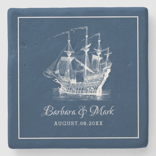 Marine-blauwe & witte wind zeilboot stenen onderzetter (Voorkant)