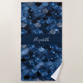 Marine blauwe zeemeermin schalen naam strandlaken (Voorkant)