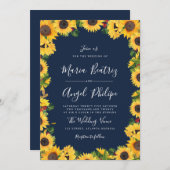 Marine blauwe zonnebloem bloemenbruiloft kaart (Voorkant / Achterkant)