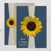 Marine Blauwe Zonnebloem en Burlap bruiloft Kaart (Voorkant / Achterkant)