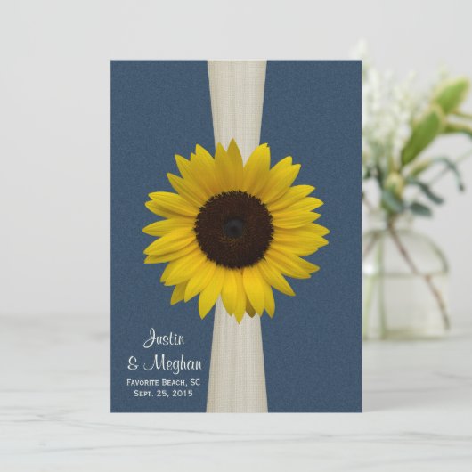 Marine Blauwe Zonnebloem en Burlap bruiloft Kaart (Staand voorkant)