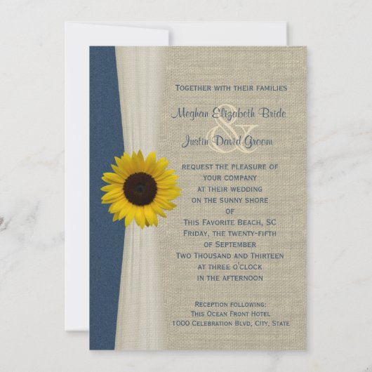 Marine Blauwe Zonnebloem en Burlap bruiloft Kaart (Achterkant)