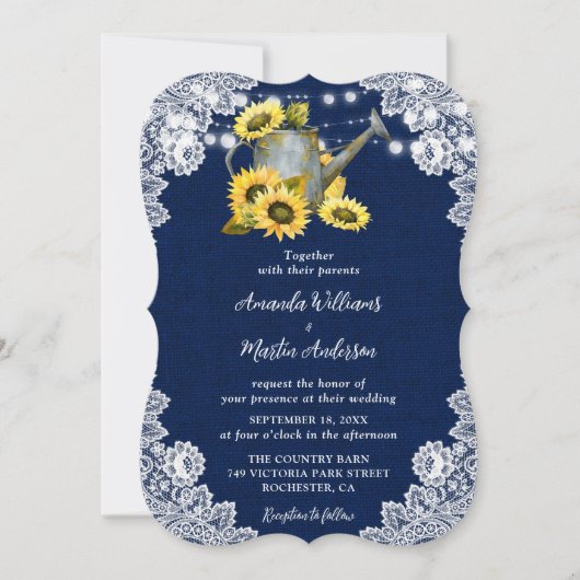 Marine Blauwe Zonnebloem Watering Kan Burlap Weddi Kaart (Voorkant)