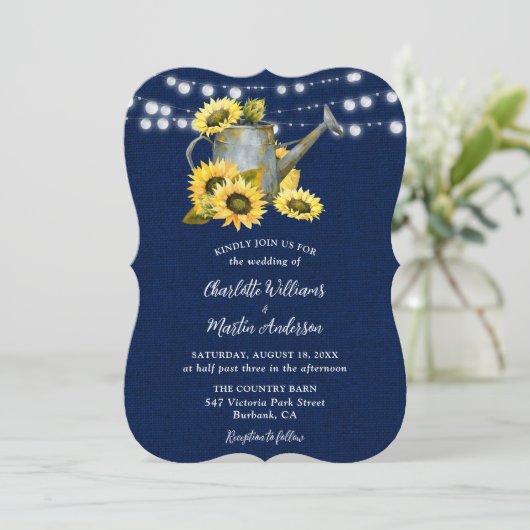 Marine Blauwe Zonnebloem Watering Kan Burlap Weddi Kaart (Staand voorkant)