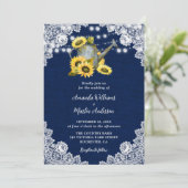 Marine Blauwe Zonnebloem Watering Kan Lace Wedding Kaart (Staand voorkant)